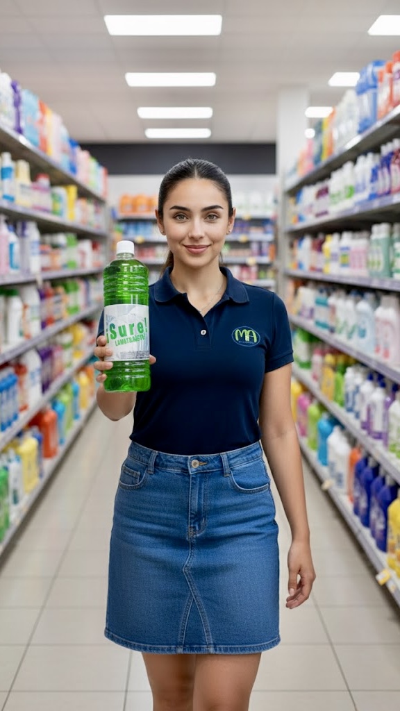 Clara, vocera de M&A Soluciones, sosteniendo Sure Lavatrastes en una tienda